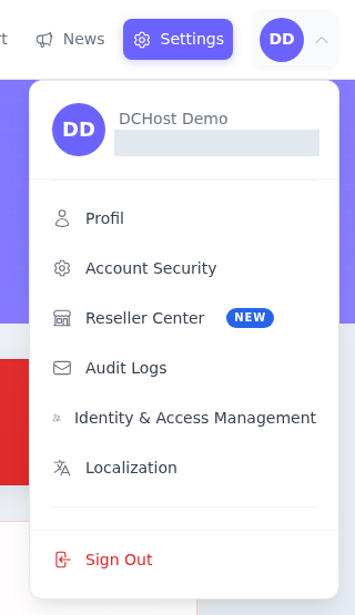 DCHost Demo hesabının açık profil menüsü; Profil bağlantısı görünüyor, e-posta adresi opak olarak gizlenmiş.