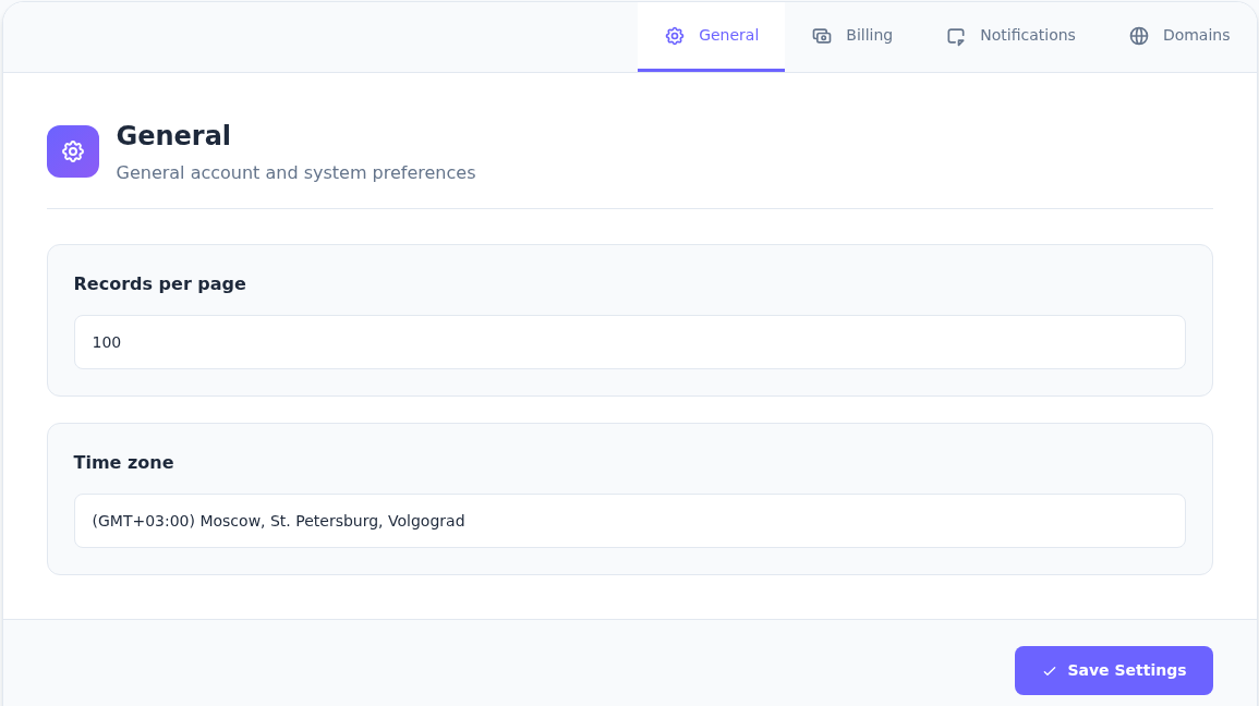 General sekmesinde Records per page, Time zone ve Save Settings kontrolleri.