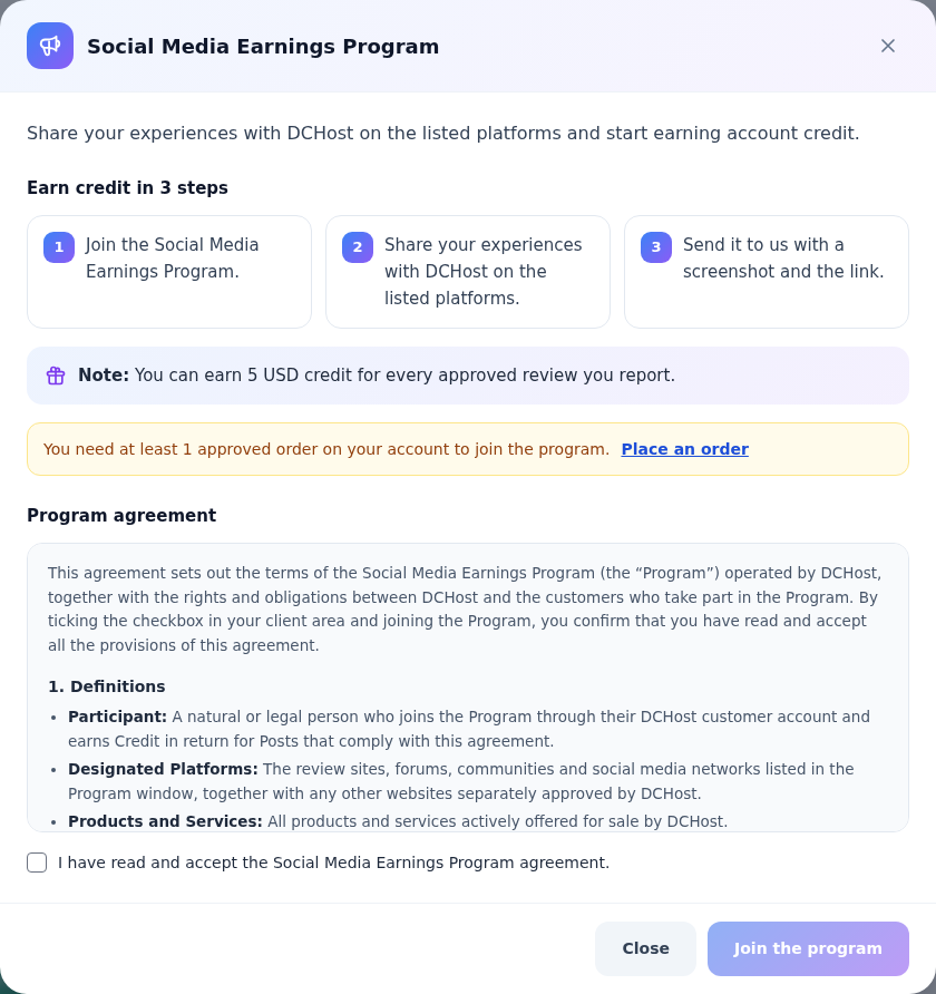 Social Media Earnings Program penceresinde onaylanmış sipariş koşulu, Program agreement ve pasif Join the program düğmesi.