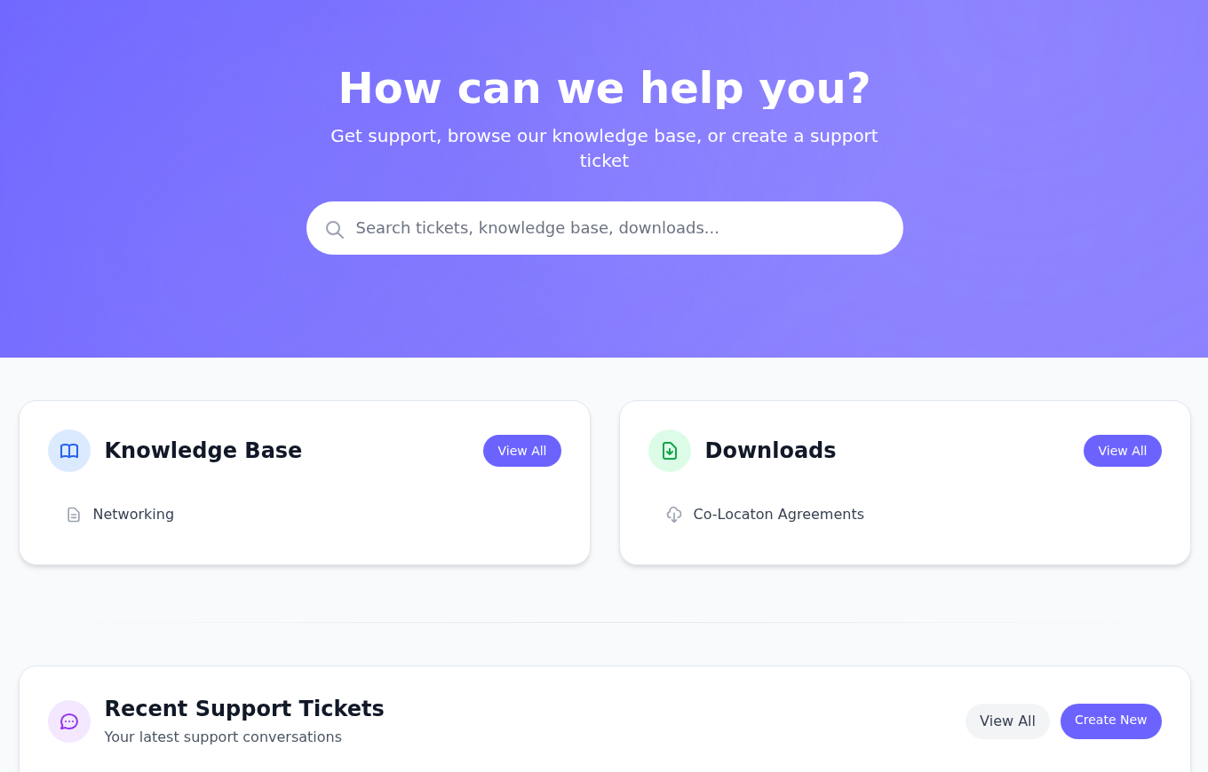DCHost destek sayfasında arama alanı ve Recent Support Tickets bölümündeki Create New düğmesi.