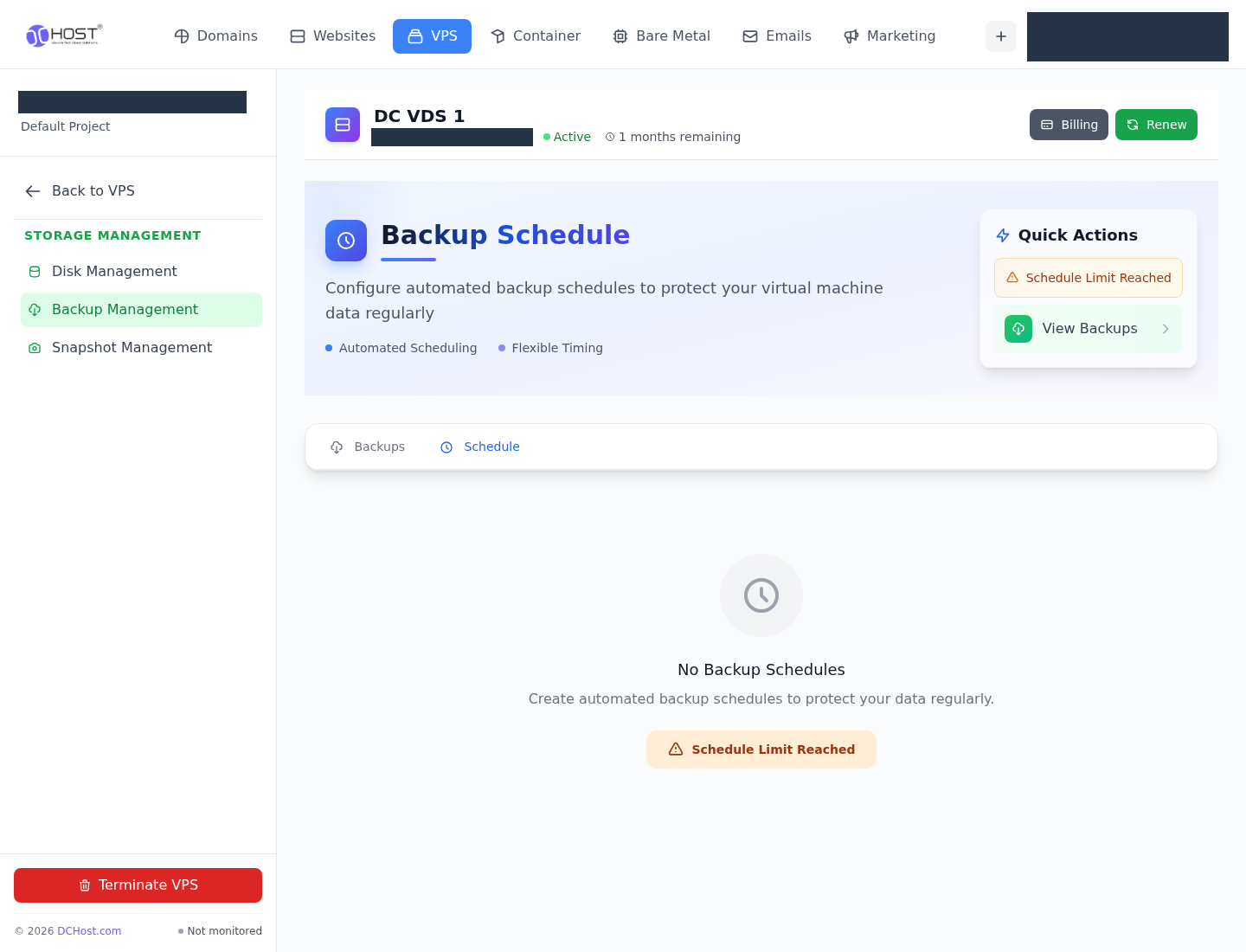 Backup Schedule: boş zamanlama listesi. İlgili menü ve kontrollerin portal görünümü.
