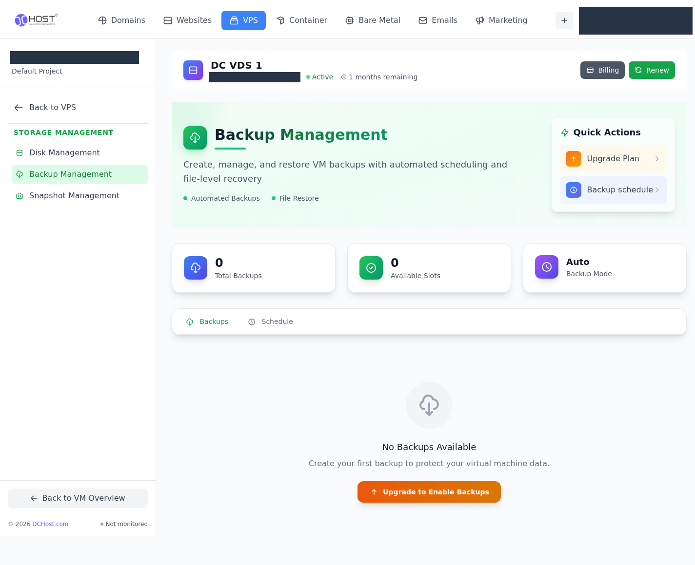 Backup Management ve yedek kotası. İlgili menü ve kontrollerin portal görünümü.