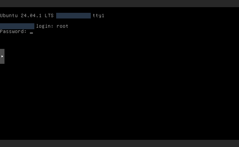 Ubuntu konsolunda root kullanıcı adı ve Password istemi; sunucu adı kapatılmıştır.