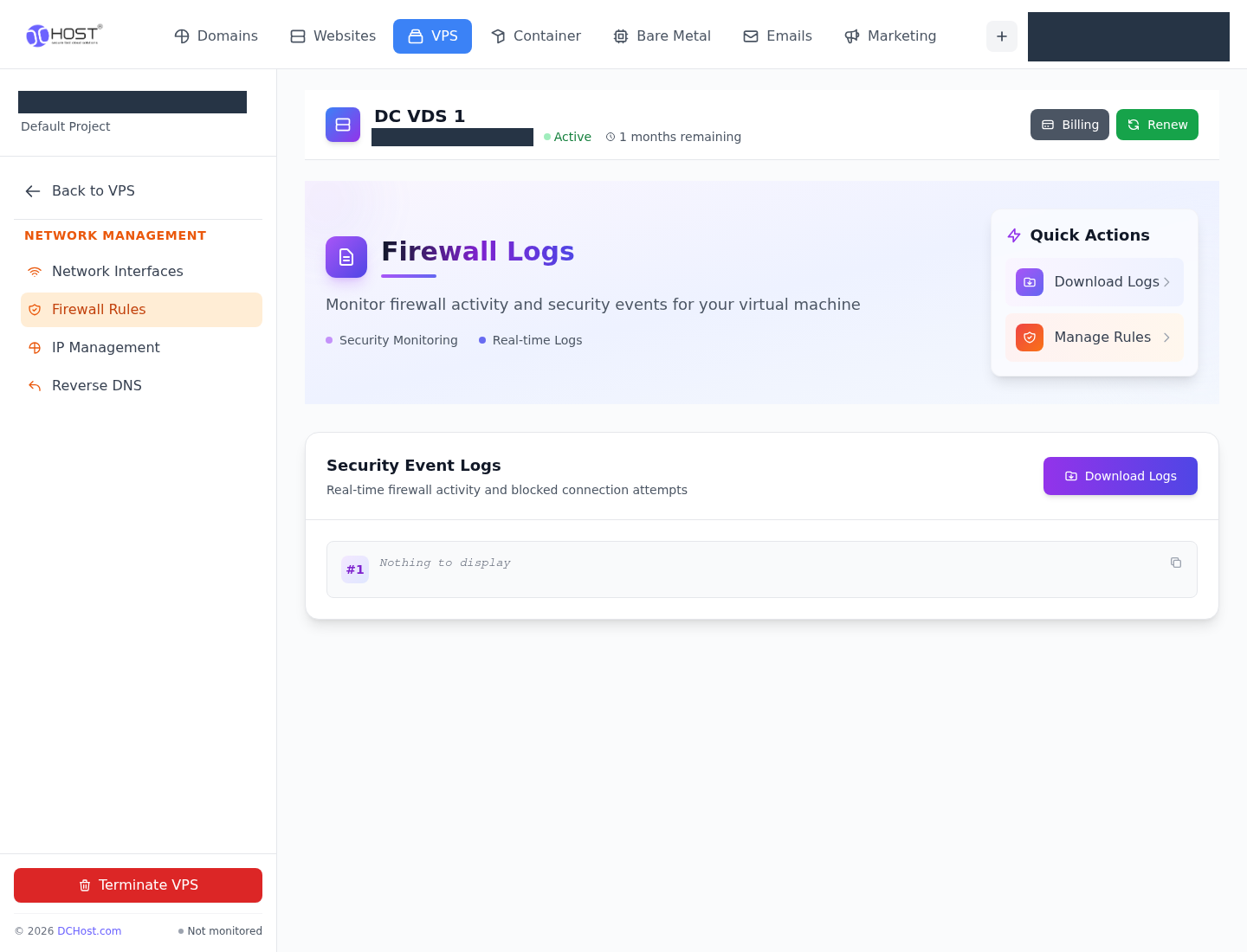 Firewall Logs ekranı. İlgili menü ve kontrollerin portal görünümü.