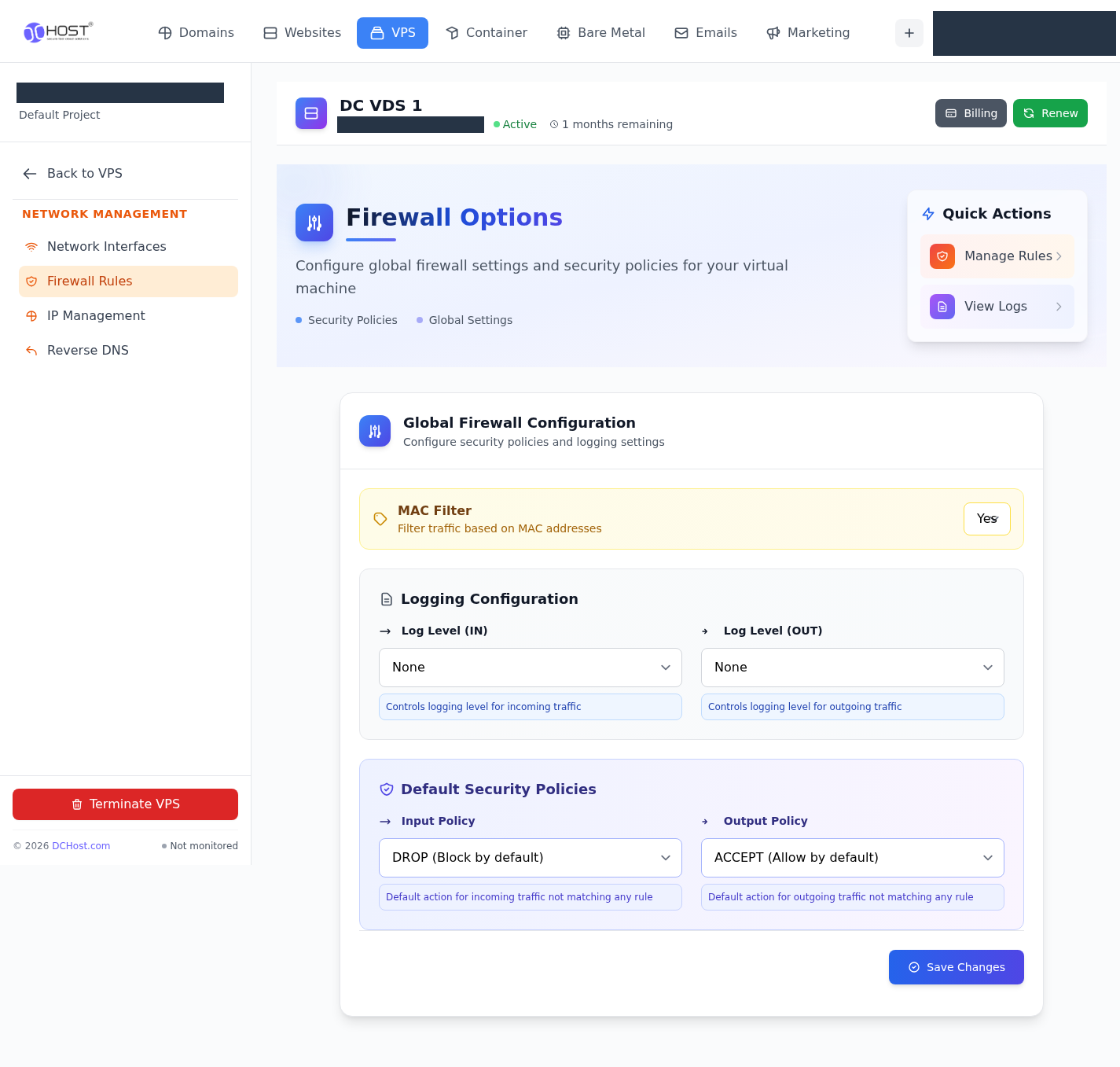 Firewall Options ayarlarını okuyun. İlgili menü ve kontrollerin portal görünümü.