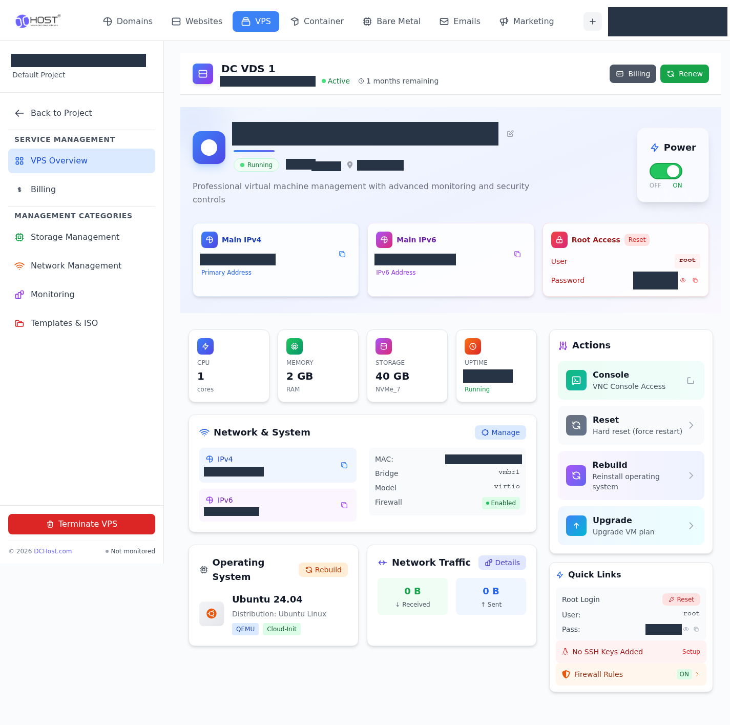 VPS Overview ve yönetim menüsü. İlgili menü ve kontrollerin portal görünümü.