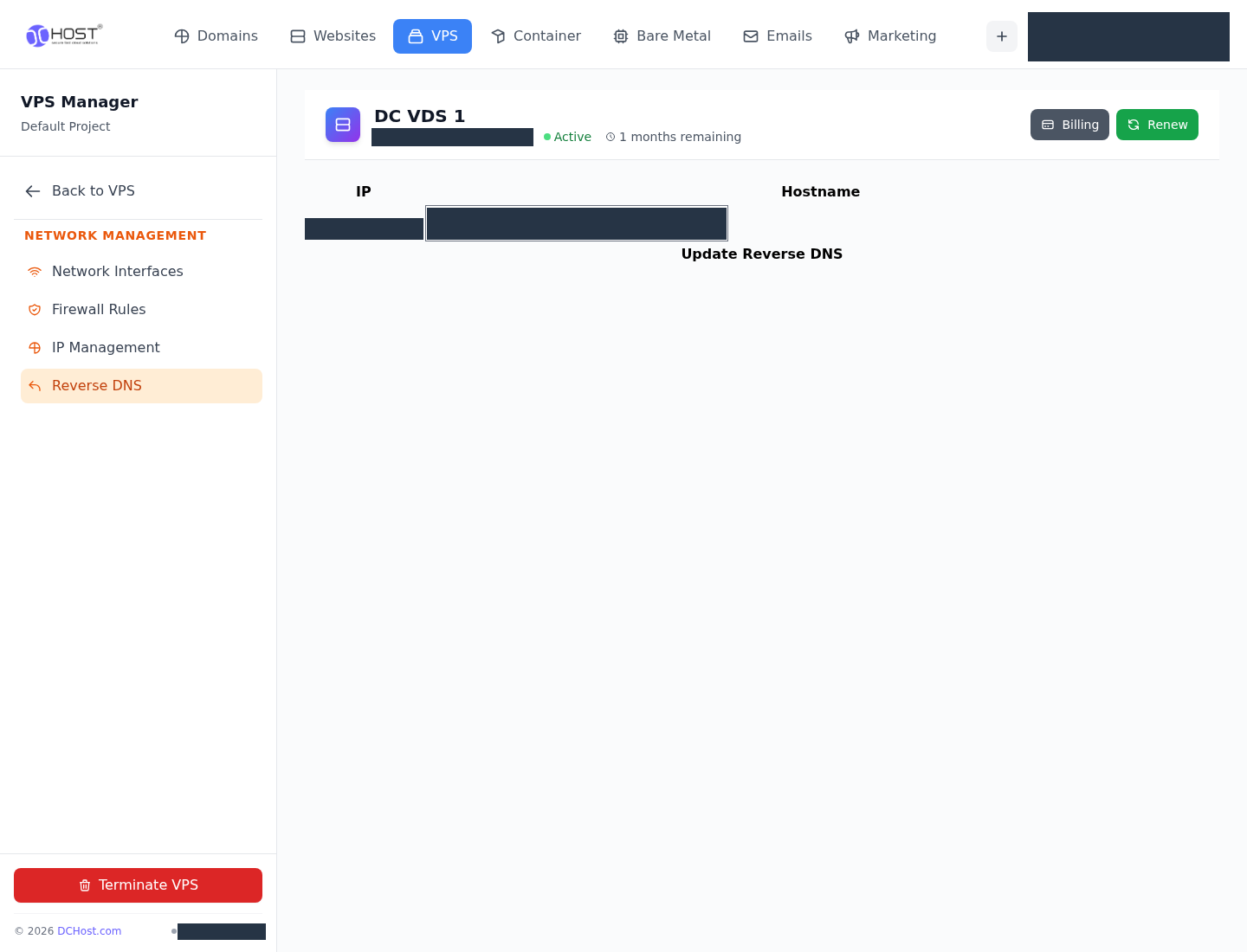 Reverse DNS formu. İlgili menü ve kontrollerin portal görünümü.