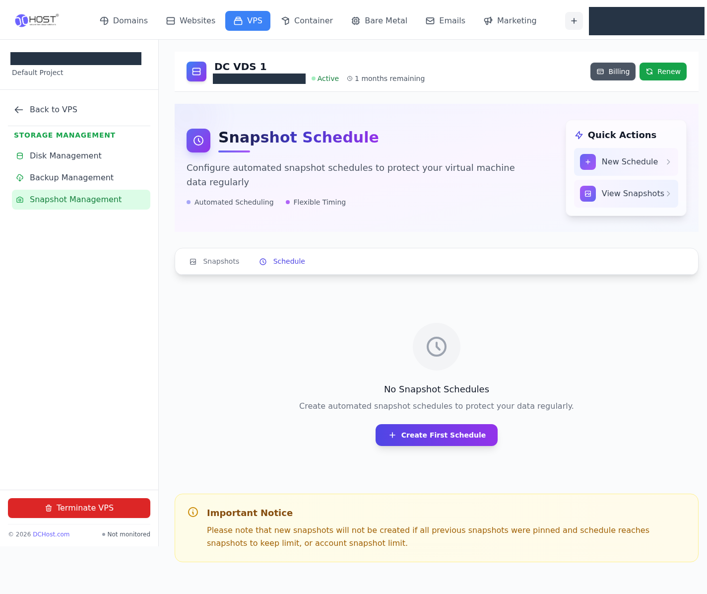 Snapshot Schedule ekranı. İlgili menü ve kontrollerin portal görünümü.