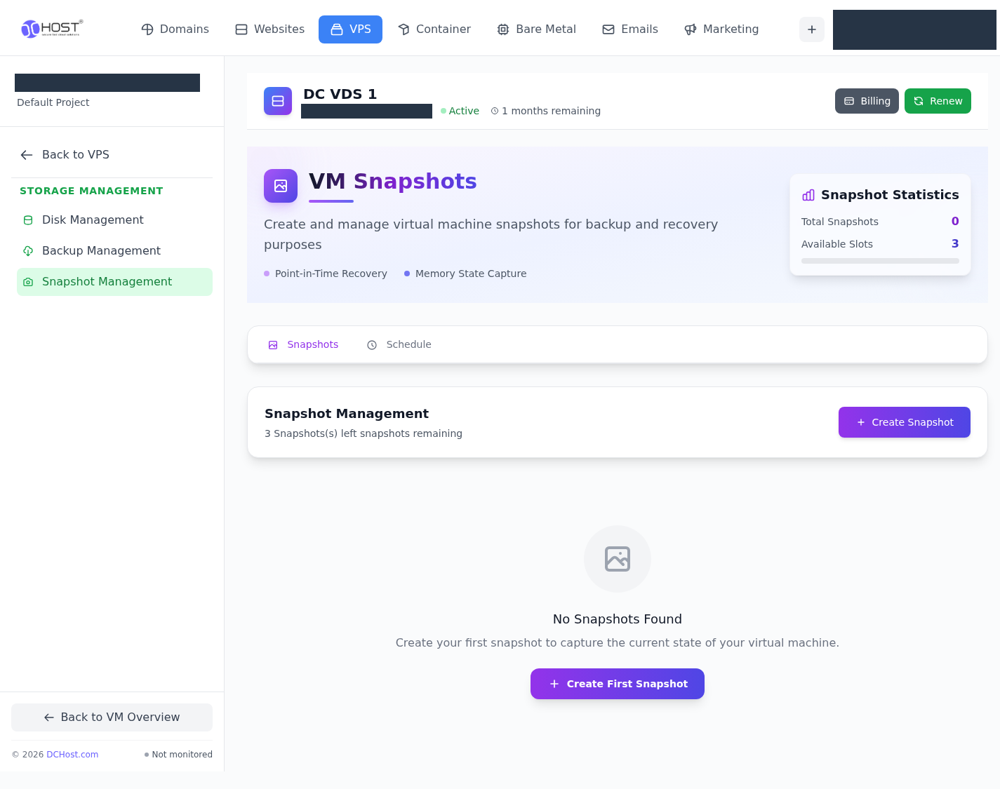 Snapshot Management: kayıtlar ve kapasite. İlgili menü ve kontrollerin portal görünümü.