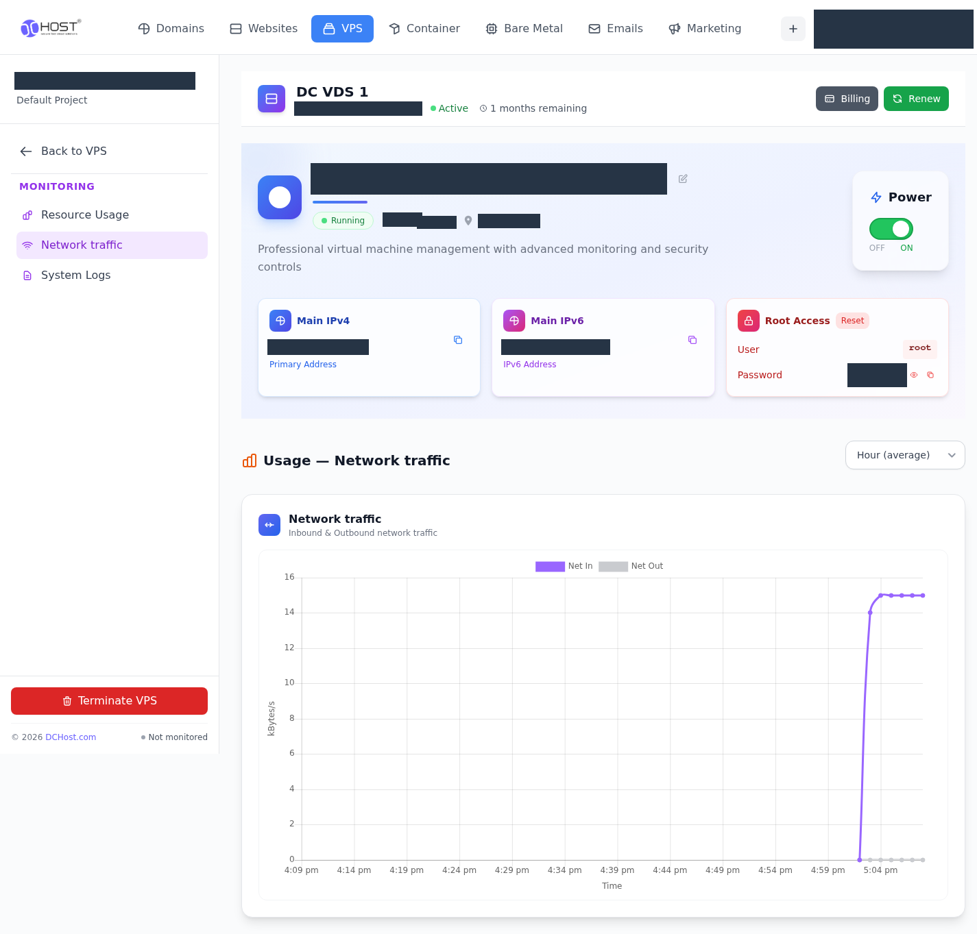 Network traffic grafiği. İlgili menü ve kontrollerin portal görünümü.