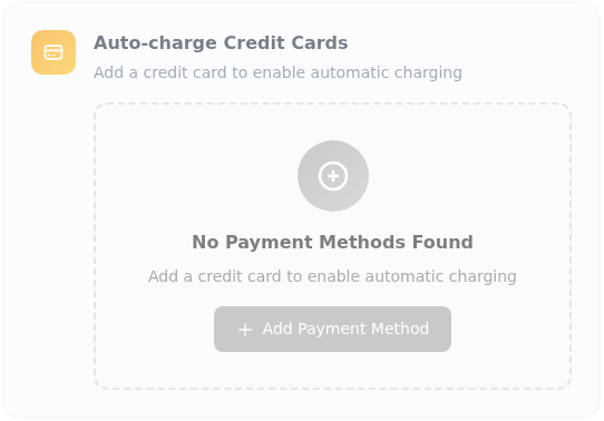 Auto-charge Credit Cards bölümünde No Payment Methods Found mesajı ve Add Payment Method bağlantısı; kayıtlı kart görünmüyor.