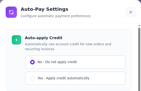 Auto-Pay Settings penceresinin üstünde Auto-apply Credit, seçili No - Do not apply credit ve alternatif Yes - Apply credit automatically satırları.