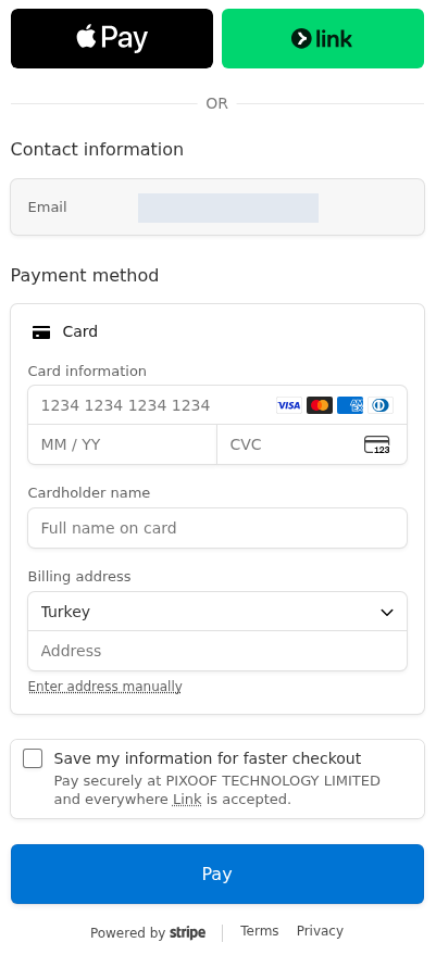 Stripe formunda boş kart numarası, son kullanma tarihi, CVC, kart sahibi ve adres alanları; Turkey seçili, isteğe bağlı Link kutusu boş ve Pay düğmesi görünüyor.