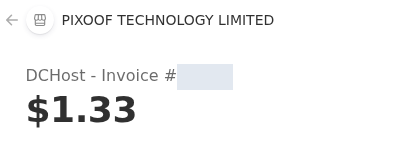 Stripe ödeme sayfasında PIXOOF TECHNOLOGY LIMITED satıcı adı, numarası gizlenmiş DCHost Invoice başlığı ve $1.33 toplamı.