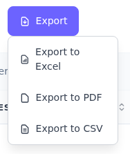 Credit Logs içindeki açık Export menüsünde Export to Excel, Export to PDF ve Export to CSV seçenekleri.