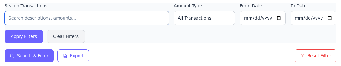 Search Transactions, Amount Type, From Date ve To Date alanları; Apply Filters, Clear Filters ve Reset Filter düğmeleri.