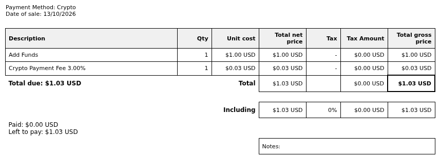 Proformada Add Funds $1.00 USD ve Crypto Payment Fee $0.03 USD; toplam $1.03 USD, Paid $0.00 USD, Left to pay $1.03 USD.