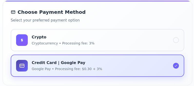 Crypto ve Credit Card | Google Pay seçenekleri; kart yöntemi seçili, her iki yöntemin işlem ücreti açıklaması görünüyor.