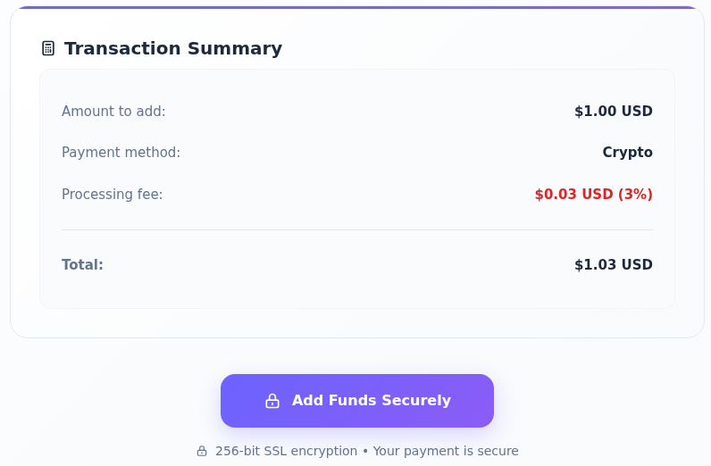 Transaction Summary örneğinde Amount to add $1.00 USD, Crypto işlem ücreti $0.03 USD ve Total $1.03 USD; altta Add Funds Securely düğmesi.