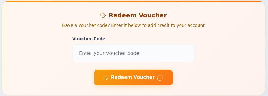 Redeem Voucher bölümünde boş Voucher Code alanı ve Redeem Voucher düğmesi.