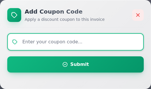 Add Coupon Code penceresinde boş Enter your coupon code... alanı ve Submit düğmesi; arka plandaki fatura bilgileri kadraj dışında.