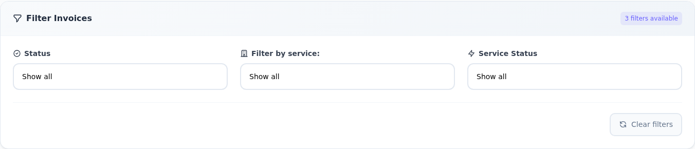 Filter Invoices altında Status, Filter by service ve Service Status alanlarında Show all seçili; Clear filters düğmesi görünüyor.