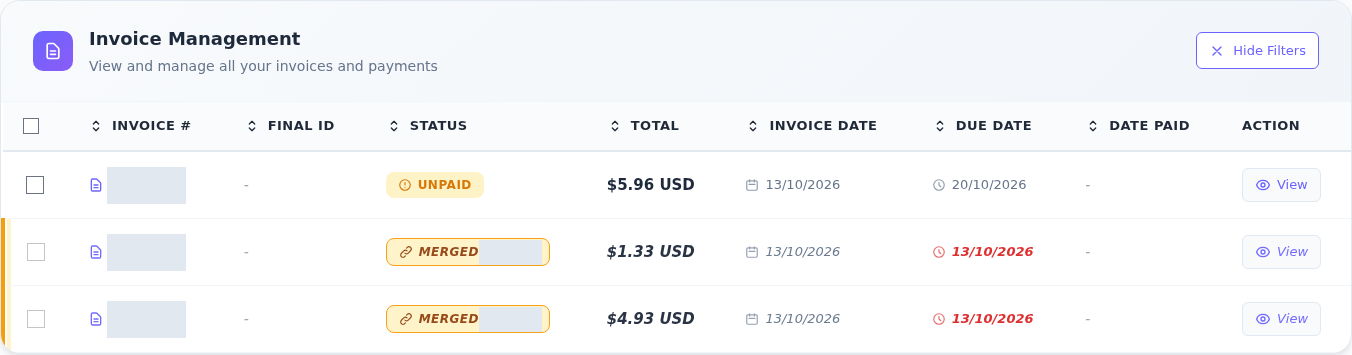 Fatura listesinde bir Unpaid satırı ve iki Merged satırı; fatura numaraları opak olarak gizlenmiş, Total, Due Date ve View alanları görünüyor.