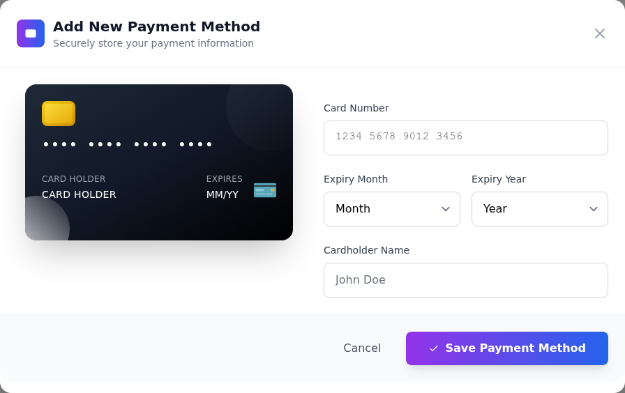 Boş Add New Payment Method formunda Card Number, Expiry Month, Expiry Year, Cardholder Name ve Save Payment Method; solda dekoratif kart önizlemesi.
