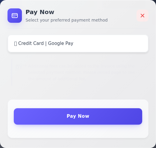 Pay Now penceresinde Credit Card | Google Pay seçili ve altta Pay Now düğmesi; arka plandaki müşteri bilgileri kadraj dışında.