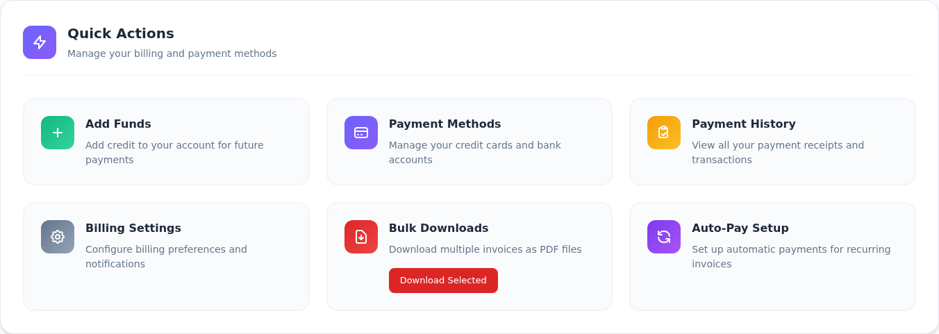 Billing Center içindeki Add Funds, Payment Methods, Payment History, Billing Settings, Bulk Downloads ve Auto-Pay Setup kartları.