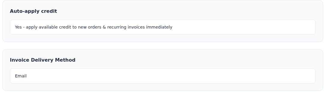 Auto-apply credit alanında Yes; Invoice Delivery Method alanında Email seçili.