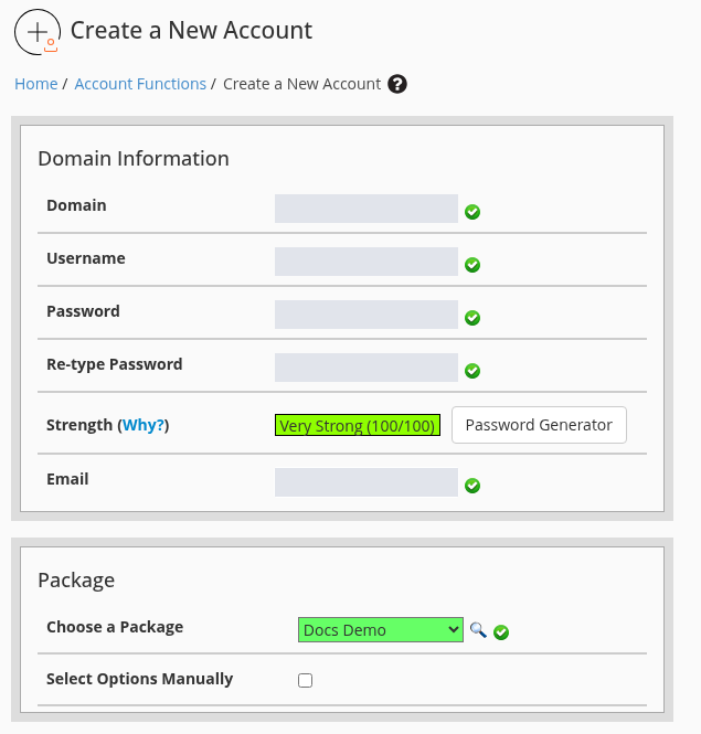 WHM yeni hesap formunda alan adı, kullanıcı, iki parola ve e-posta değerleri gizli; Docs Demo paket seçimi görünür.