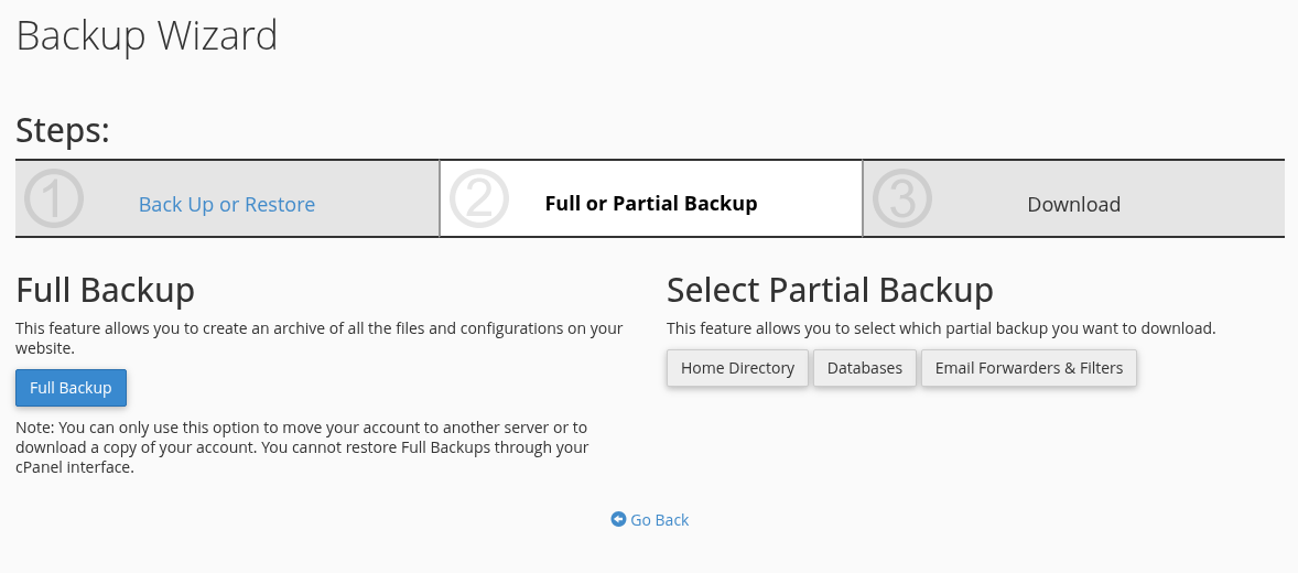 Tam hesap yedeği ile kısmi yedeği karşılaştırın — gerçek cPanel ekranı.