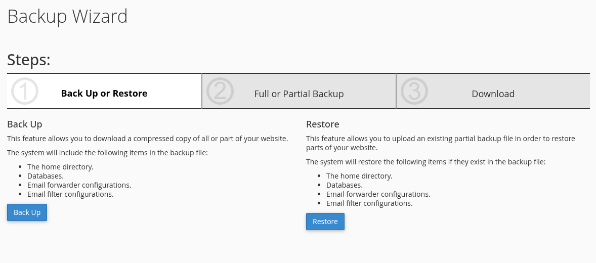 Yedek alma ve geri yükleme yolunu ayırın — gerçek cPanel ekranı.