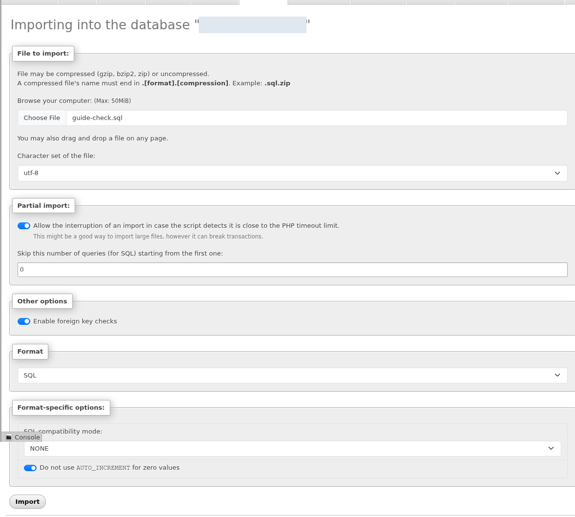 SQL dosyasını doğru veritabanına aktarın — gerçek cPanel ekranı.