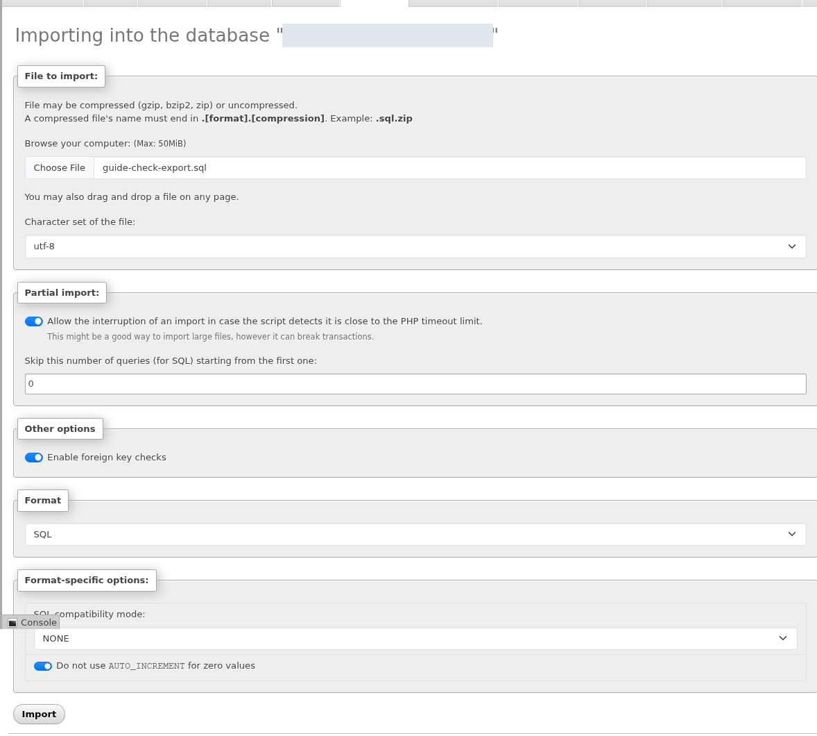 Yedeği ayrı test veritabanına yükleyin — gerçek cPanel ekranı.