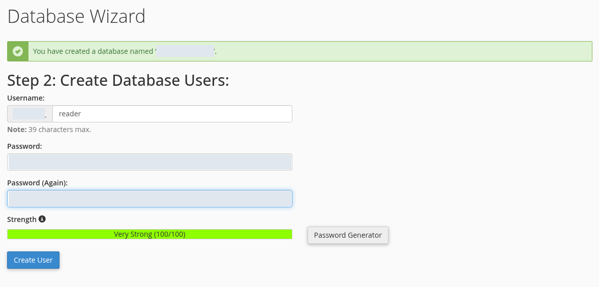 Uygulama için ayrı veritabanı kullanıcısı oluşturun — gerçek cPanel ekranı.
