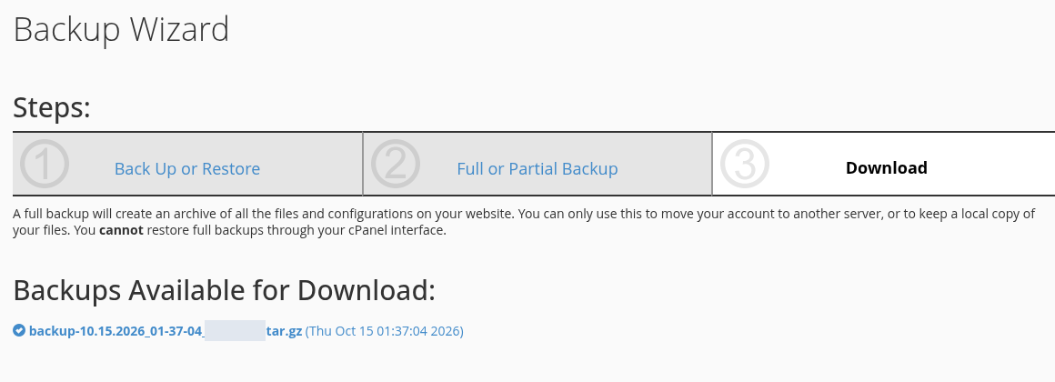 Hazır yedeği indirin ve arşivi kontrol edin — gerçek cPanel ekranı.