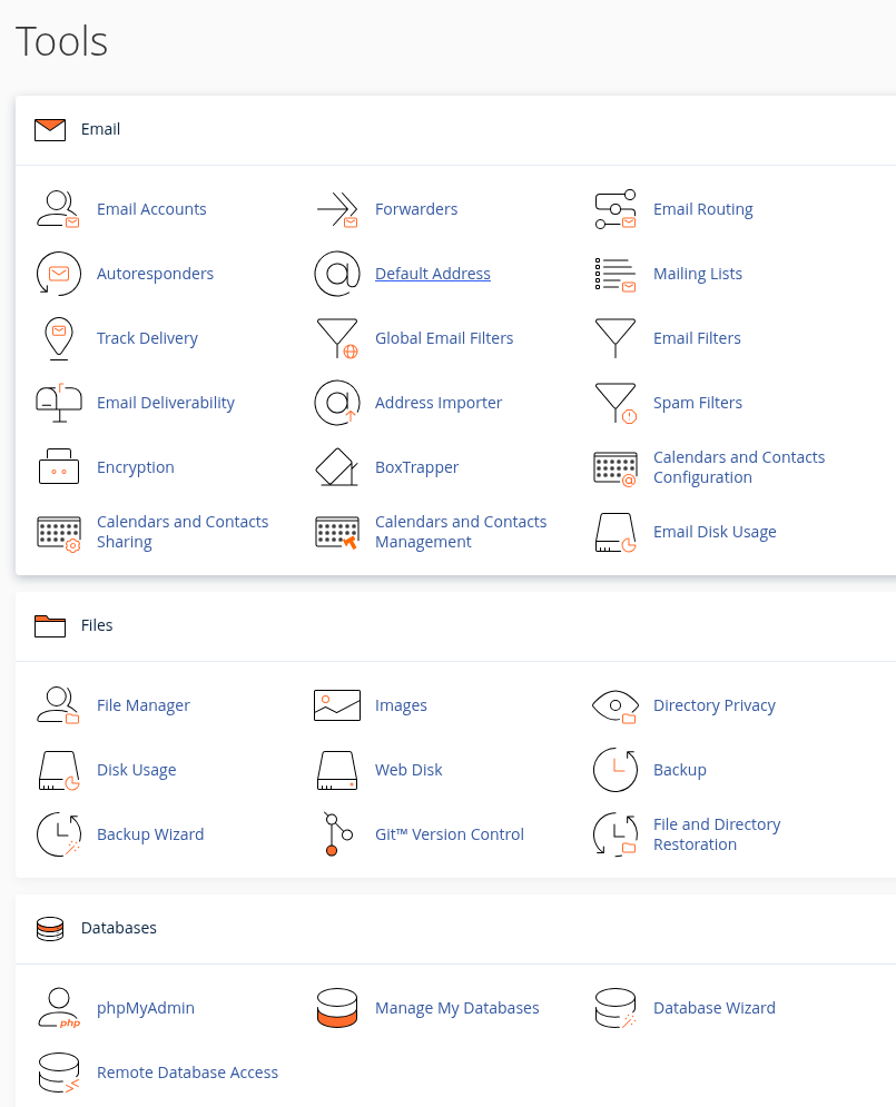 Gerçek cPanel müşteri hesabında açık Tools ekranı; Email, Files ve Databases grupları.