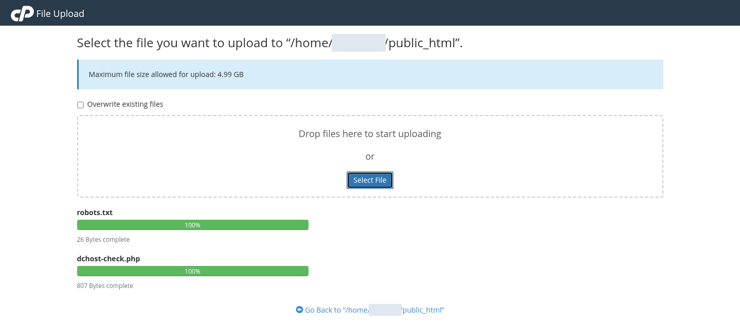 Dosya yüklemesinin tamamlanmasını bekleyin — gerçek cPanel ekranı.