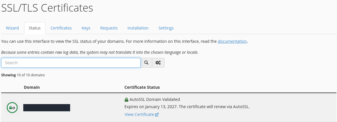 Kurulan sertifikayı Status sekmesinden doğrulayın — gerçek cPanel ekranı; özel bilgiler gizlenmiştir.