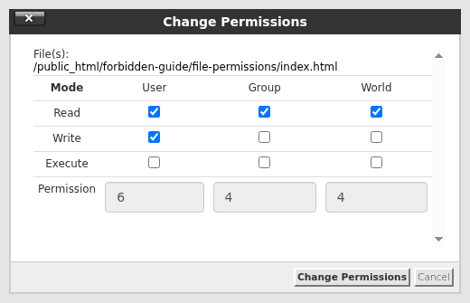 cPanel Change Permissions penceresinde 6, 4, 4 değerleri; User okuma/yazma, Group ve World yalnız okuma seçili.