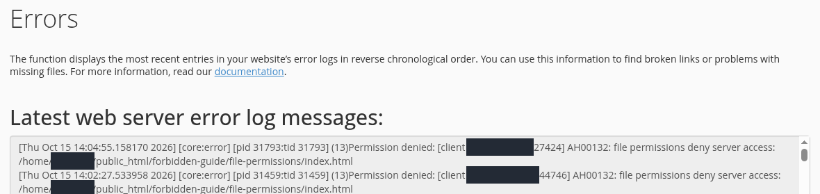 cPanel Errors ekranında AH00132 file permissions deny server access mesajı ve index.html dosya yolu.