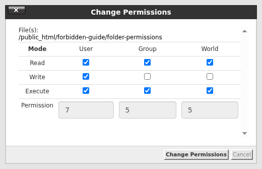 cPanel Change Permissions penceresinde klasör için 7, 5, 5 değerleri ve üç Execute kutusu seçili.