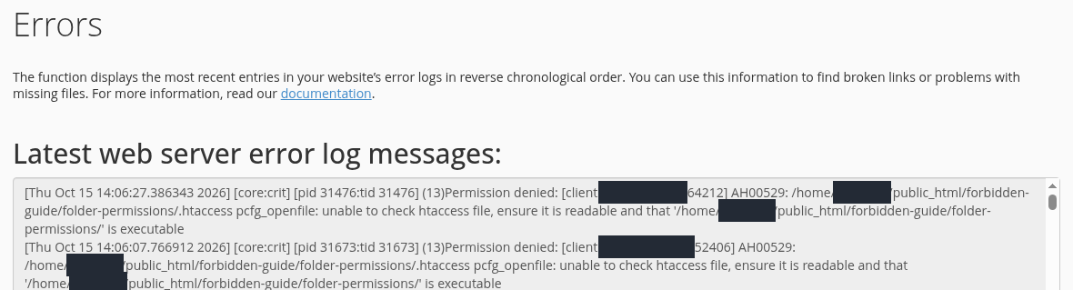 cPanel Errors ekranında AH00529, unable to check htaccess file ve is executable ifadeleri.