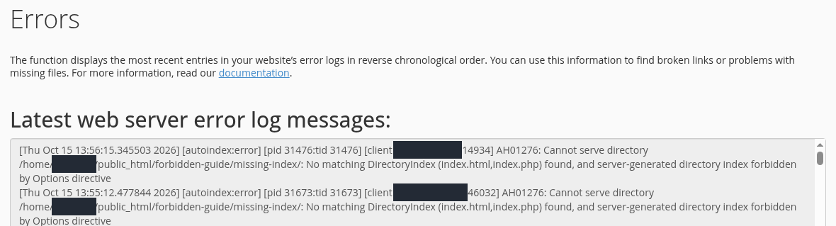 cPanel Errors ekranında No matching DirectoryIndex ve by Options directive içeren iki ilgili hata kaydı.