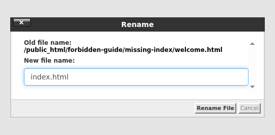 cPanel Rename penceresinde welcome.html kaynağı, index.html yeni dosya adı ve Rename File düğmesi.