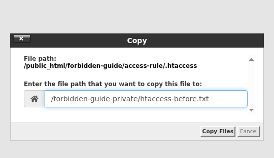 cPanel Copy penceresinde .htaccess kaynağı, public_html dışındaki özel hedef yol ve Copy Files düğmesi.
