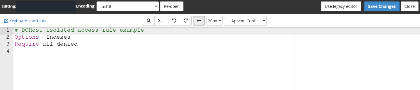 cPanel .htaccess editöründe ikinci satırda Options -Indexes, üçüncü satırda Require all denied kuralı.
