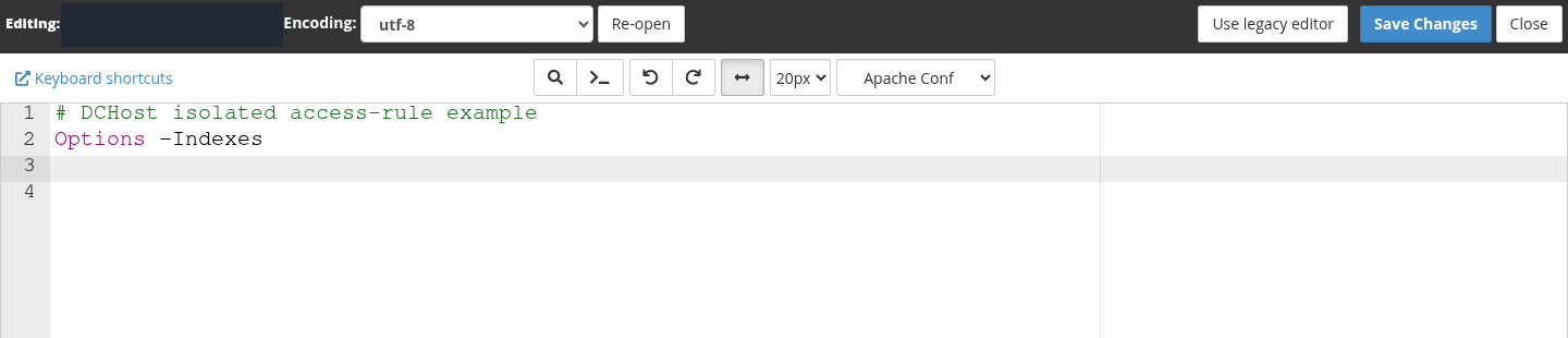 cPanel .htaccess editöründe korunmuş Options -Indexes kuralı, boş üçüncü satır ve Save Changes düğmesi.